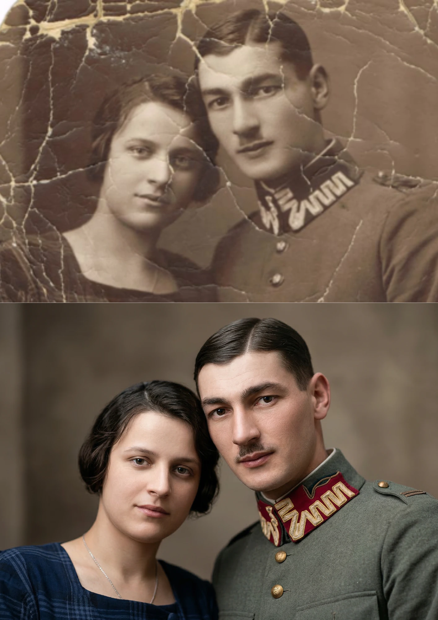 Restore this old photo into a professional portrait with natural detail and clean upscale clarity.