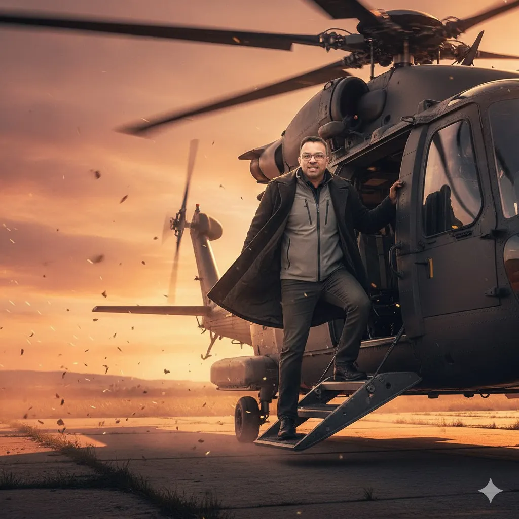 Keep the same face and build a cinematic helicopter boarding scene with golden-hour action and dust motion.