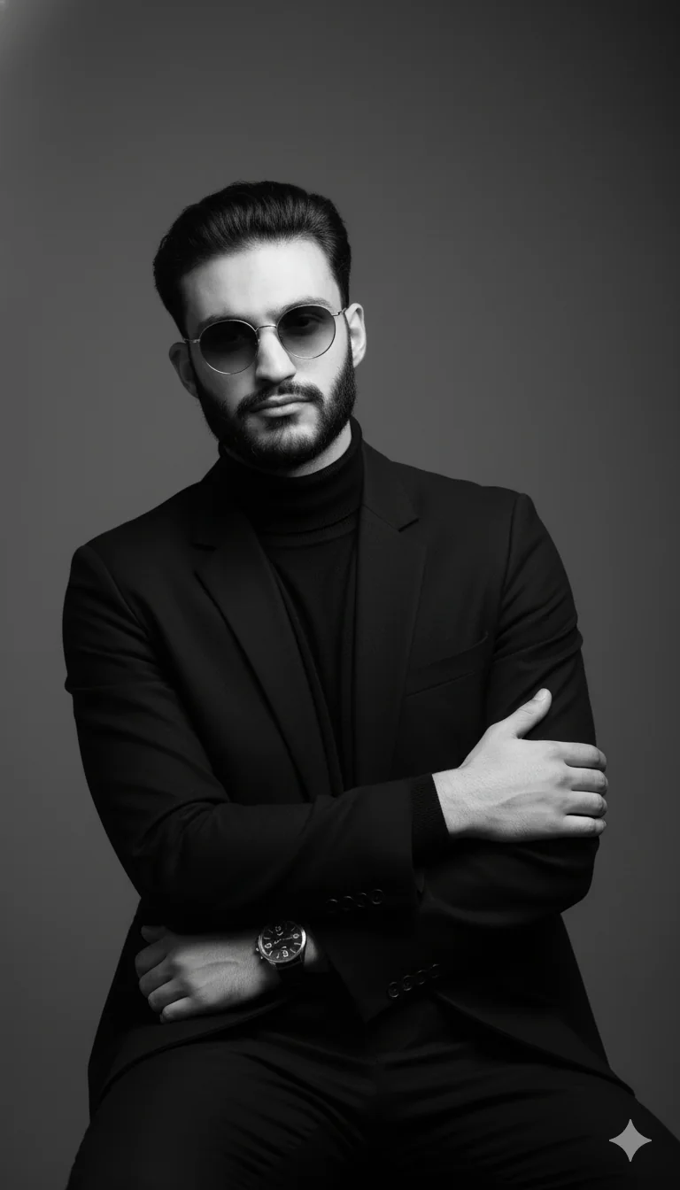 Recreate the same subject as a refined black-and-white luxury portrait with studio mood and strong posture.