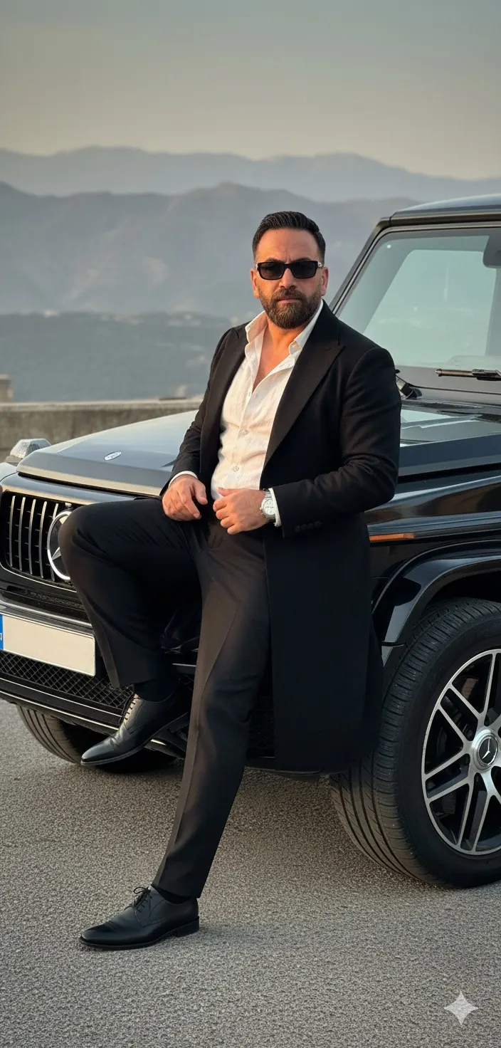Create a cinematic portrait leaning against a black Mercedes G-Wagon with warm mountain light and tailored fashion styling.