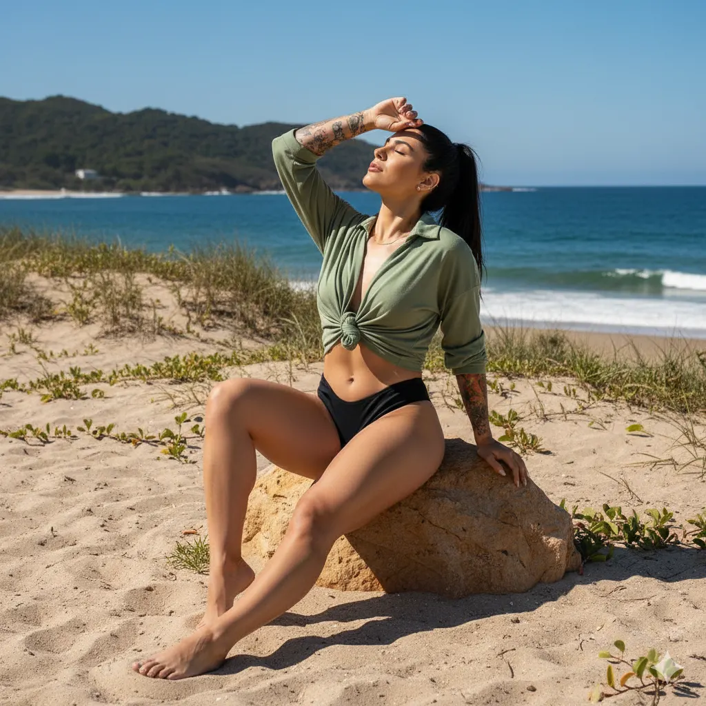 Keep the same woman and rebuild the scene as a hyper-real beach editorial with cinematic softness and full-body fashion detail.