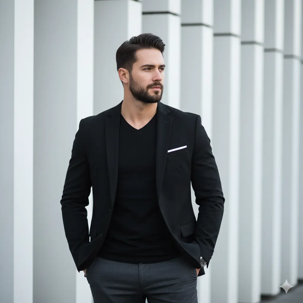 Generate a sophisticated menswear portrait with architectural white panels, sunglasses, and contemporary styling.