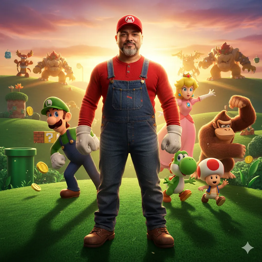 Create a heroic Mario-inspired cinematic poster with the same face, dramatic sunset, and 3D character ensemble.